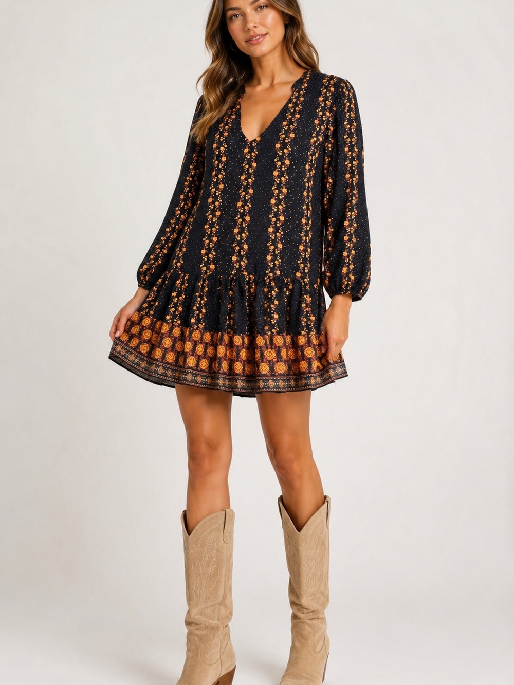 MELLODAY Floral Tiered Boho Dress with Orange Floral Border V-neck 1X